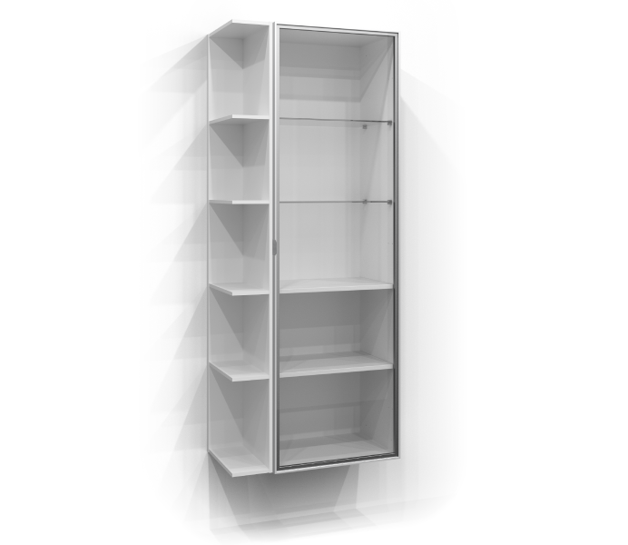 Korkea kaappi 160x50 lasiovella ja avohyllyllä