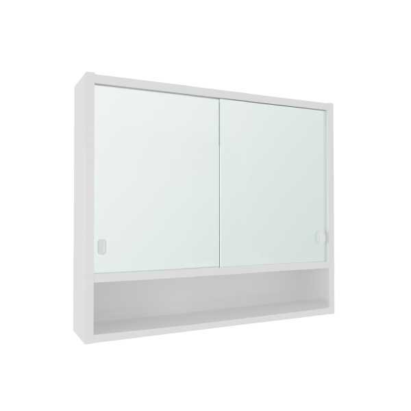 A60-peilikaappi 60 cm valkoinen, kaksi peiliovea ja avoin hylly alhaalla, ilman valaistusta.