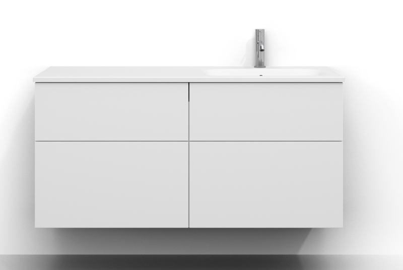Poem-allaskaappi, 120 cm leveä, seinäkiinnitteinen, valkoinen, neljä laatikkoa ilman vetimiä. Valkoinen mineraalikomposiittiallas, jossa allas oikealla ja krominen yksiotehana asennettuna altaan oikealle puolelle.