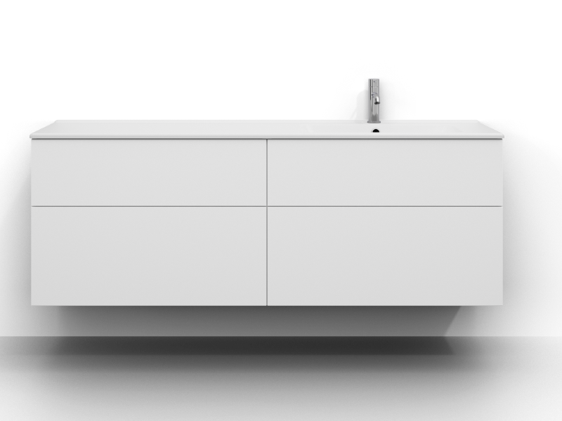 Poem-allaskaappi, 160 cm leveä, seinäkiinnitteinen, valkoinen, neljä laatikkoa ilman vetimiä. Valkoinen mineraalikomposiittiallas, jossa allas oikealla ja krominen yksiotehana asennettuna altaan oikealle puolelle.