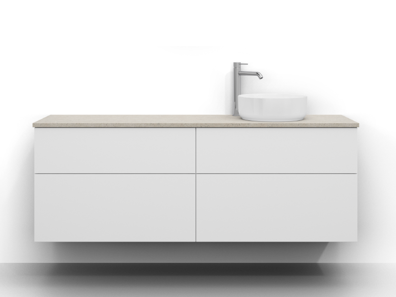 Poem-allaskaappi, 160 cm leveä, seinäkiinnitteinen, valkoinen, neljä laatikkoa ilman vetimiä. Kvarts pöytätaso 160 cm harmaassa, hiekan sävyisessä pinnassa. Pesuallas oikealla pöytätasolla, kromattu yksiotehana pesualtaan vasemmalla puolella.